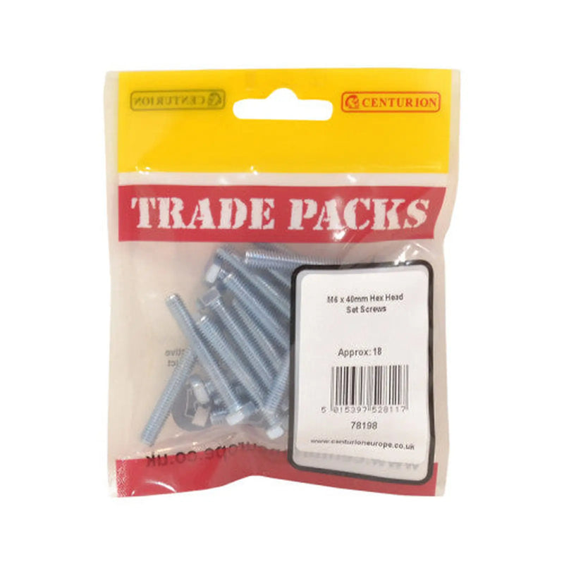 Centurion Hex Head Set Screws - Zinc Plated - M6 x 40mm - (18 PK) - Pack of 5
