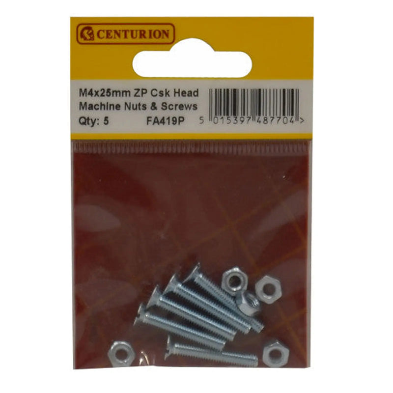 Centurion M4 x 25mm Machine Screws & Nuts - Countersunk Head - Zinc Plated - - Pack of 5