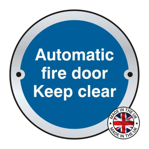 Centurion 'Automatic Fire Door Keep Clear' Fire Door Disc, Satin Aluminium, 75mm - Min Order 2