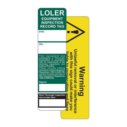 Centurion 'LOLER (Lifting Operations and Lifting Equipment Regulations)' Tag Insert (Pack of 50)