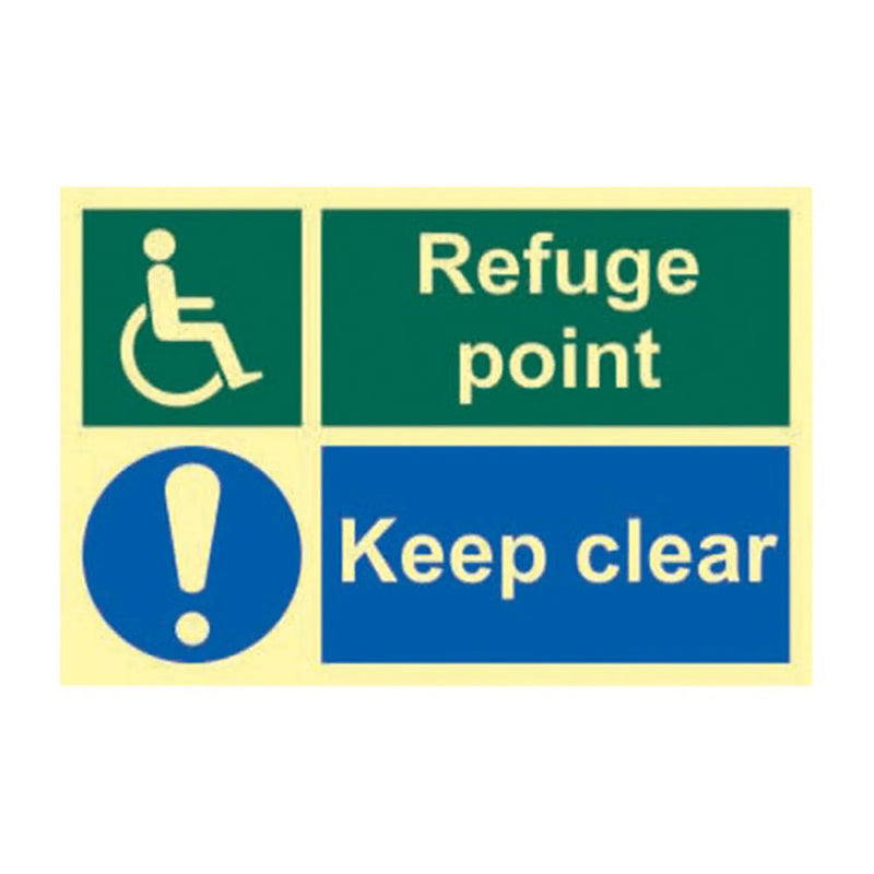 Centurion 'Refuge Point Keep Clear' Sign, 1.3mm Rigid Self Adhesive Photoluminescent (300mm x 200mm)
