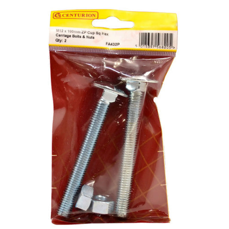 Centurion M12 x 100mm ZP Cup Sq Hex Carriage Bolts & Nuts (Pack of 2) - Pack of 5