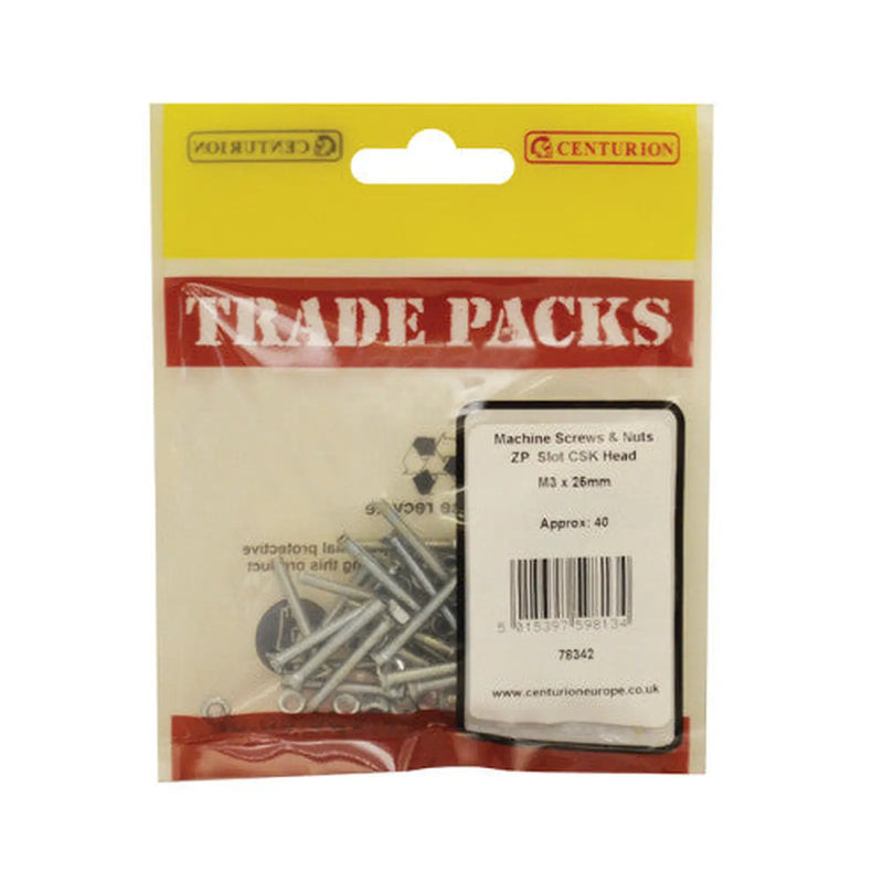 Centurion Machine Screws & Nuts - Zinc Plated - Slot CSK Head - M3 x 25mm - - Pack of 5