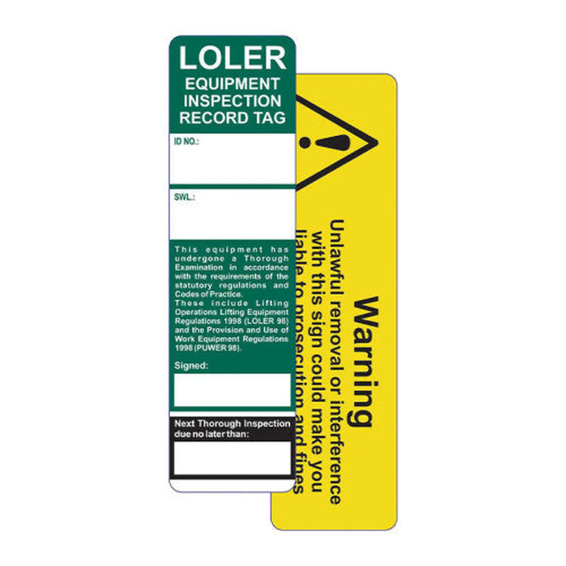 Centurion 'LOLER (Lifting Operations and Lifting Equipment Regulations)' Tag Insert (Pack of 10)
