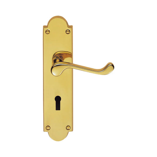 Victorian Scroll Lever On Shaped Backplate - Lock 57Mm C/C - Polished Brass 205 x 49mm