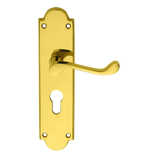 Victorian Scroll Lever On Shaped Backplate - Lock Euro Profile 47.5Mm C/C - Polished Brass 205 x 49mm