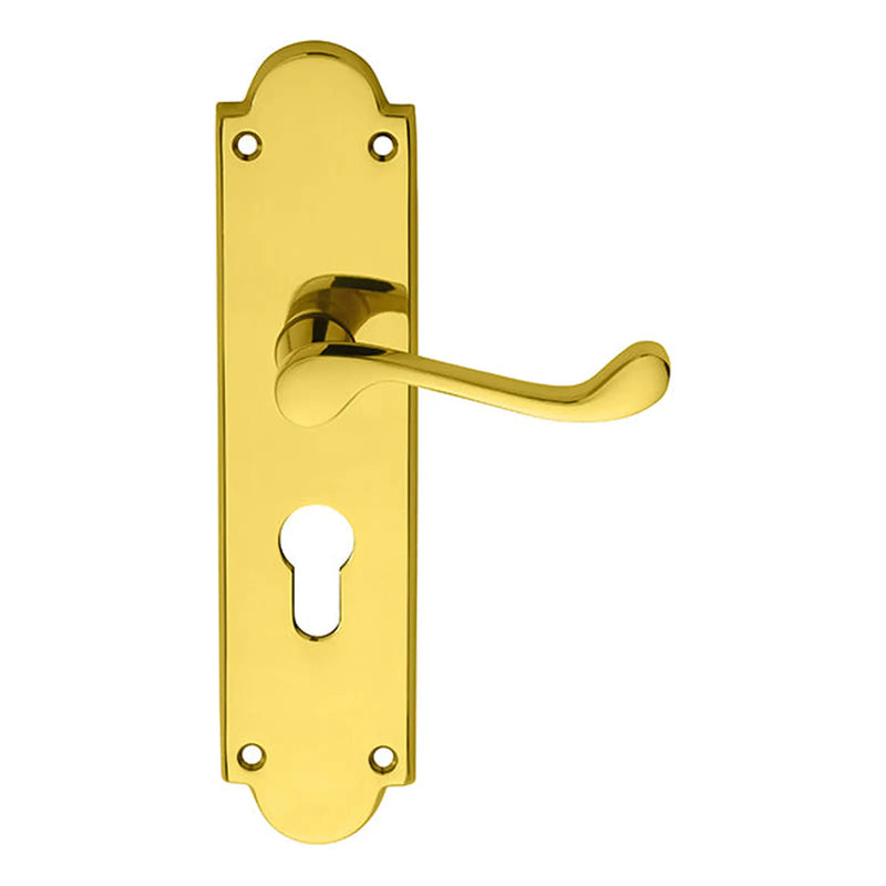 Victorian Scroll Lever On Shaped Backplate - Lock Euro Profile 47.5Mm C/C - Polished Brass 205 x 49mm