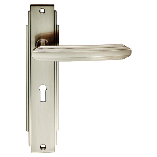 Art Deco Lever On Backplate - Lock 57Mm C/C - Satin Nickel 205 x 45mm