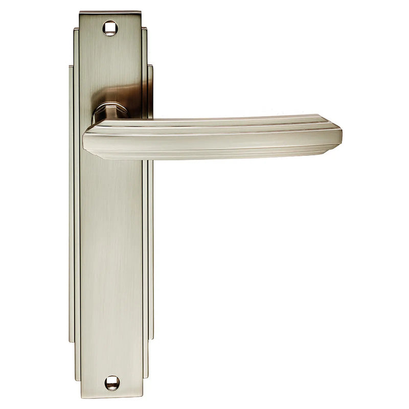 Art Deco Lever On Backplate - Latch - Satin Nickel 205 x 45mm