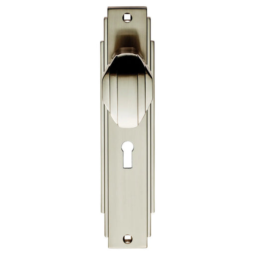 Art Deco Knob On Backplate - Lock 57Mm C/C - Satin Nickel 205 x 45mm