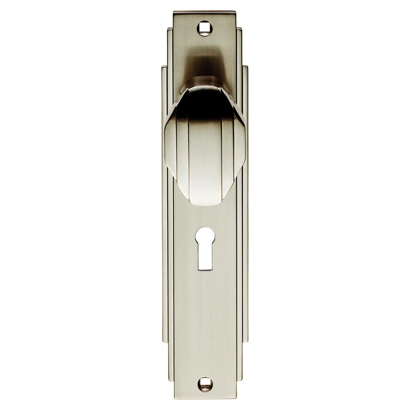 Art Deco Knob On Backplate - Lock 57Mm C/C - Satin Nickel 205 x 45mm