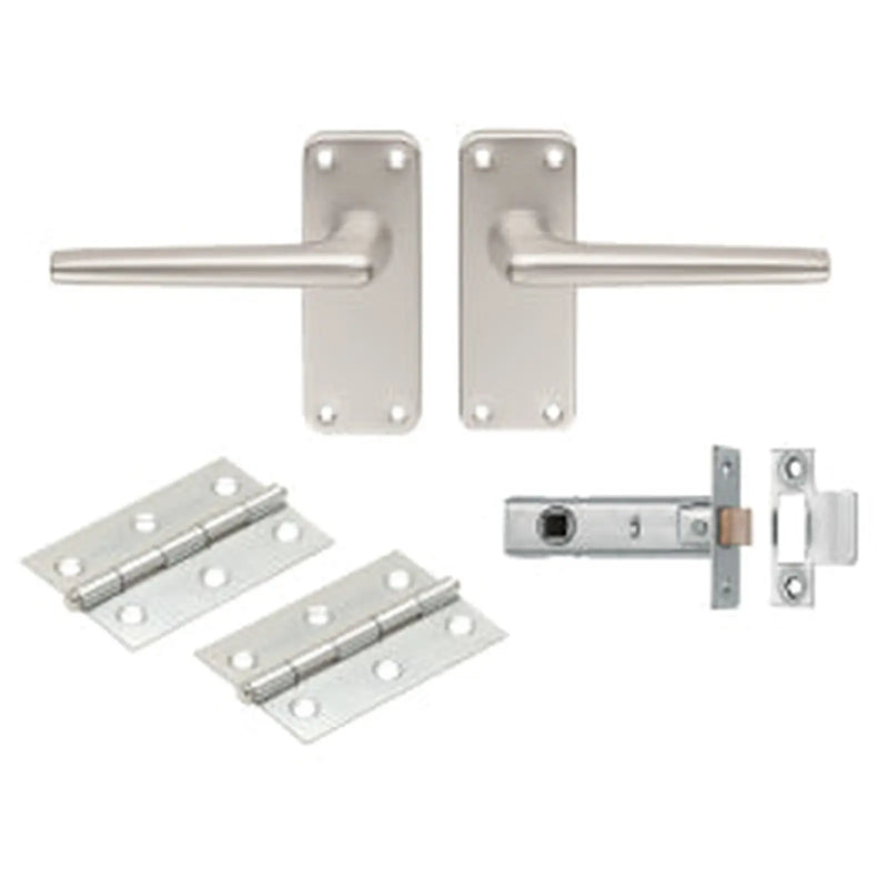 Aluminium Lever Latch Internal Pack C/W Saa22 Handles 2.5” Tubular Latch & 1 Pair Of Hinges - Satin Anodised Aluminium