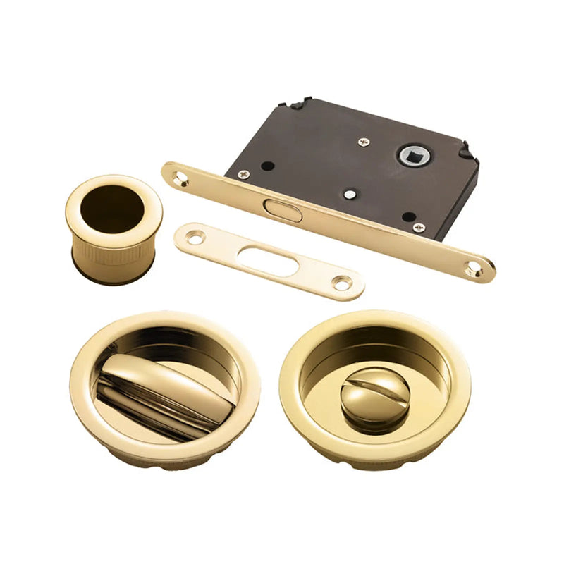 Sliding Door Roses With Wc Turn C/W Flush Pull & Lock Otl (Polished Brass) - Polished Brass