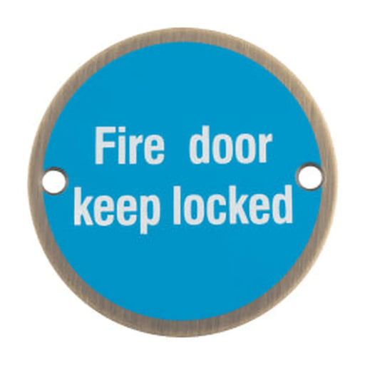 Stax 76Mm Sign - Fire Door Keep Locked - Face Fix - Antique Brass