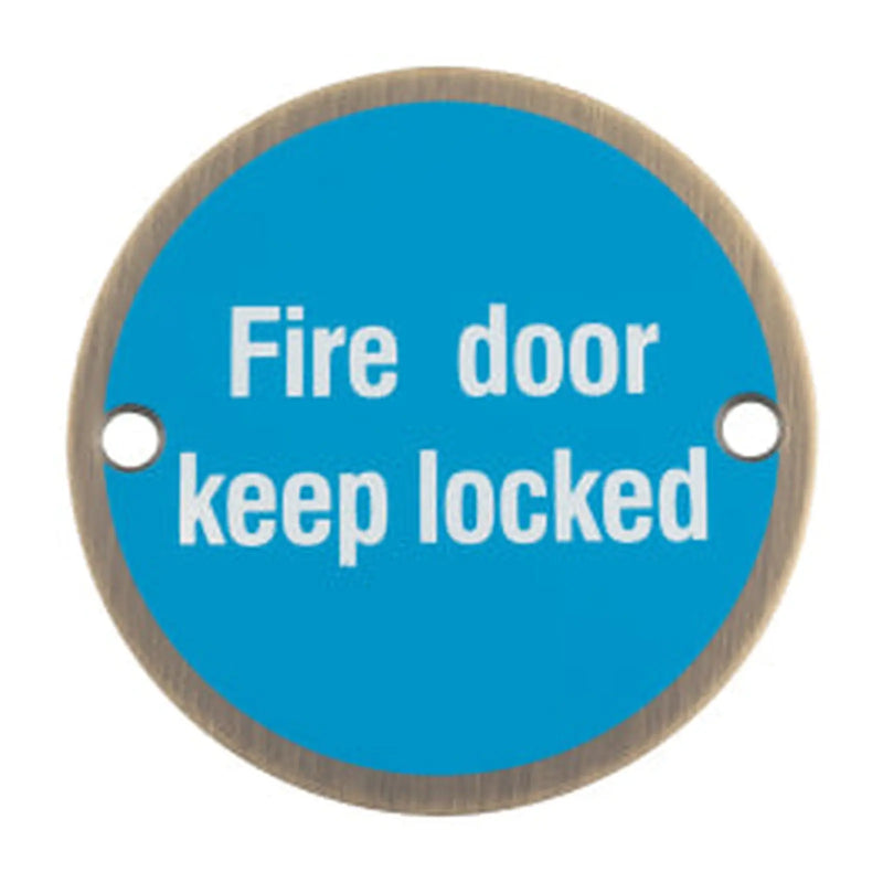 Stax 76Mm Sign - Fire Door Keep Locked - Face Fix - Antique Brass