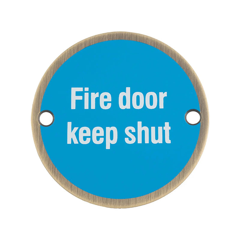 Stax 76Mm Sign - Fire Door Keep Shut - Face Fix - Antique Brass