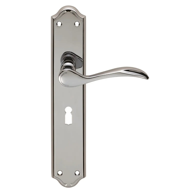 Madrid Lever On Backplate - Lock 57Mm C/C - Polished Chrome 242MM x 45MM