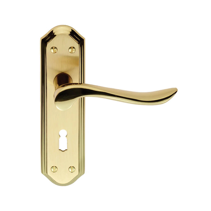 Lytham Lever On Backplate - Lock 57Mm C/C Satin Brass Backplate Face Polished Edges And Lever - Satin Brass/Polished Brass 180MM X 48MM