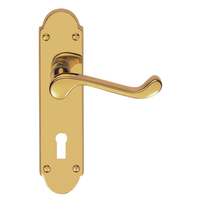 Victorian Scroll Lever On Shaped Backplate - Lock 57Mm C/C (Contract Range) - Polished Brass 203MM X 48MM
