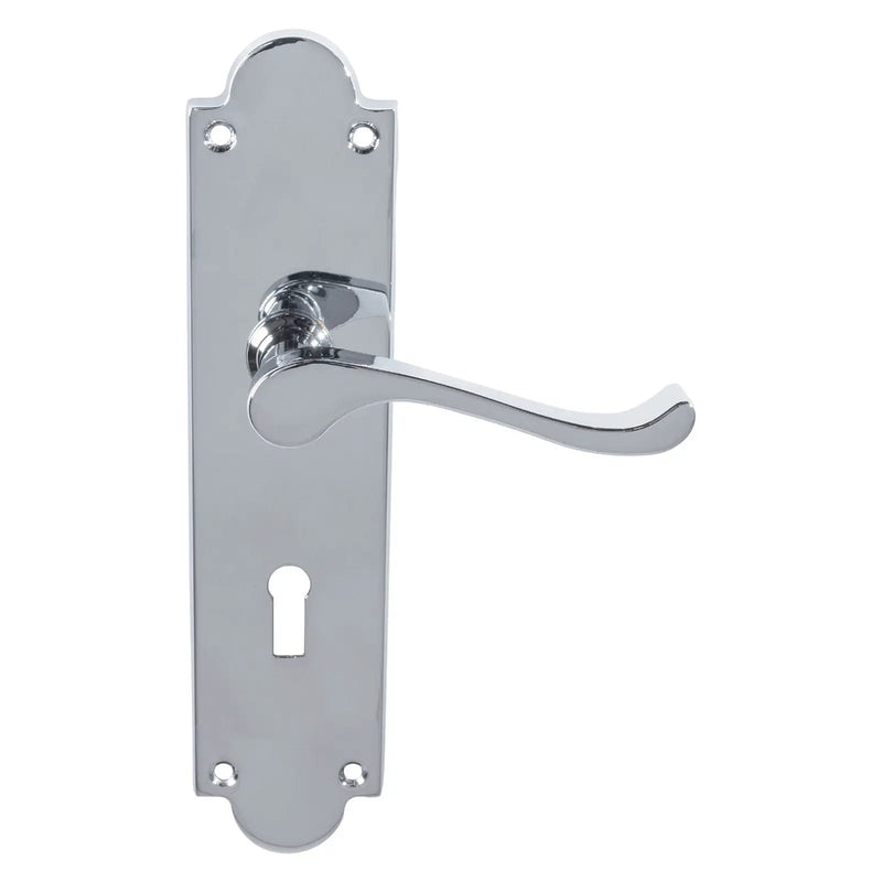 Victorian Scroll Lever On Shaped Backplate - Lock 57Mm C/C (Contract Range) - Polished Chrome 203MM X 48MM
