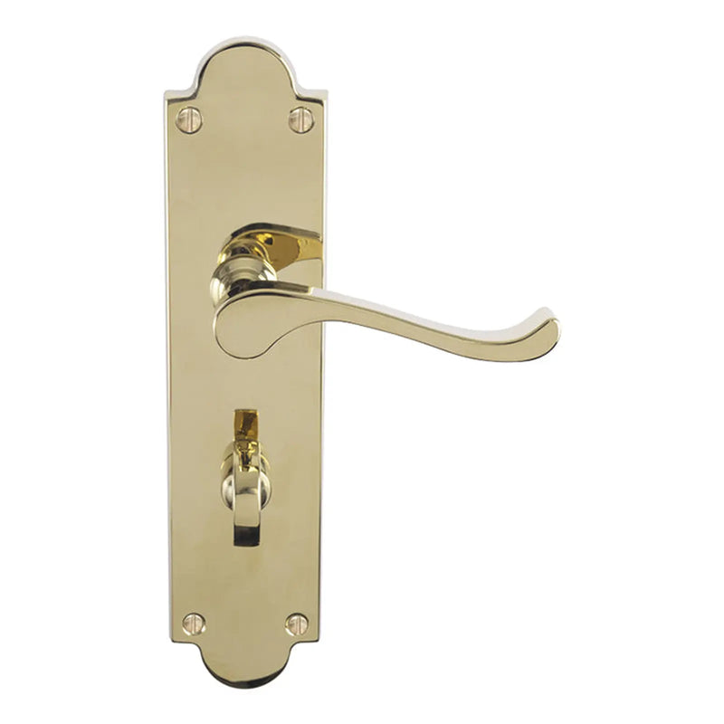 Victorian Scroll Lever On Shaped Backplate - Bathroom 57Mm C/C (Contract Range) - Polished Brass 203MM X 48MM