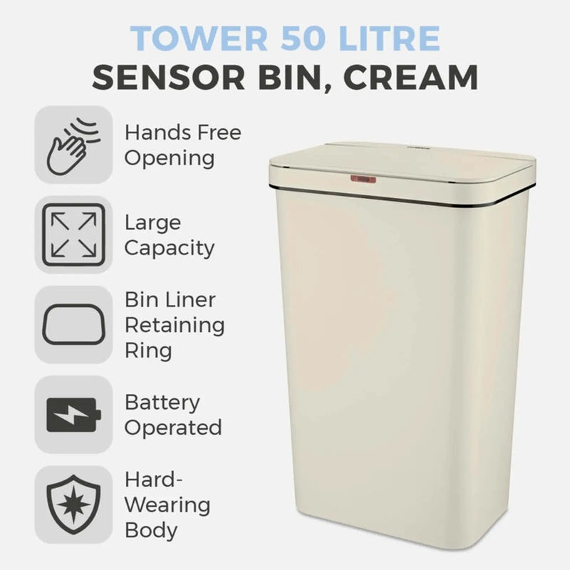 Tower 50L Rectangular Sensor Bin Cream
