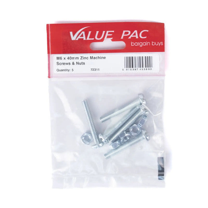 Centurion M6 x 40mm ZP Machine Screws & Nuts (Pack of 5) - Pack of 10