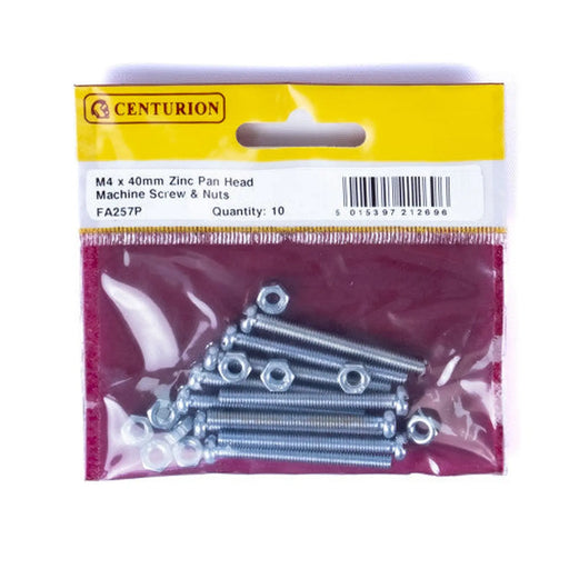 Centurion M4 x 40mm Machine Screws & Nuts - Zinc Plated - (Pack of 10) - Pack of 5