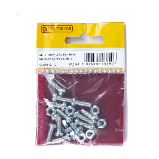 Centurion M4 x 12mm Machine Screws & Nuts - Zinc Plated - (Pack of 12) - Pack of 5