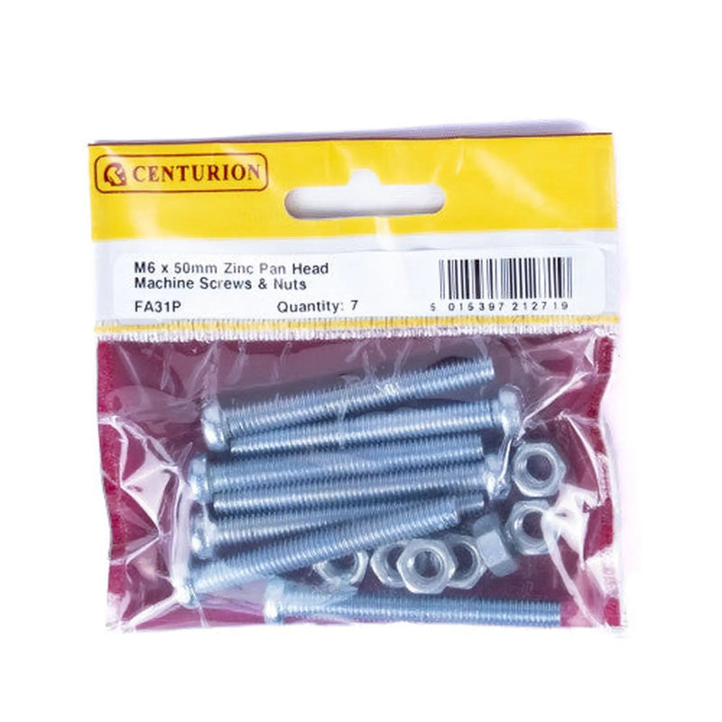 Centurion M6 x 50mm Machine Screws & Nuts - Zinc Plated - (Pack of 7) - Pack of 5