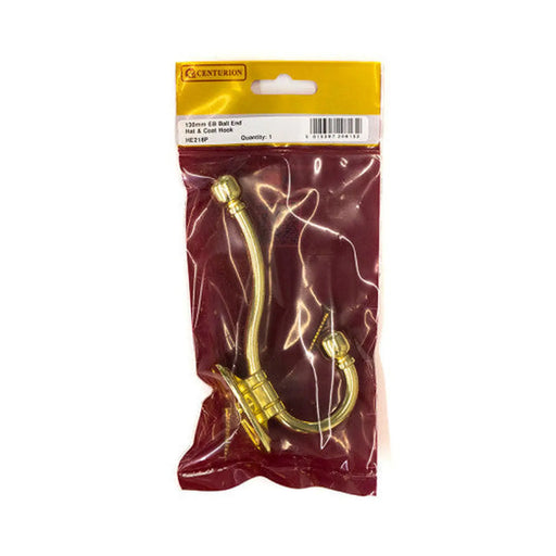 Centurion 130mm Premium Ball End Hat & Coat Hook - Brass - Pack Qty 1 - Pack of 5