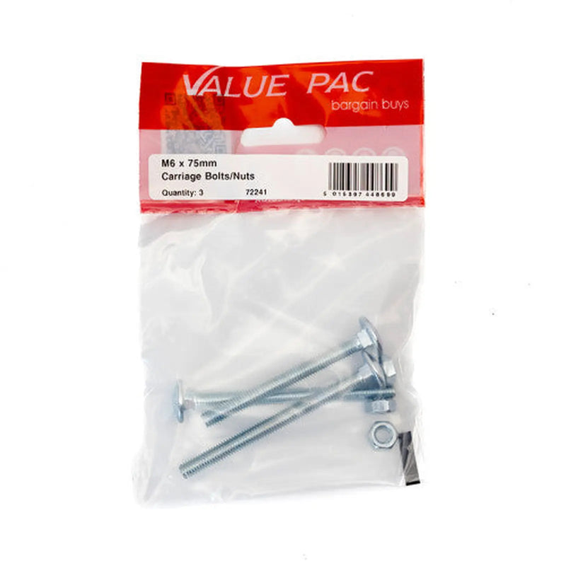 Centurion M6 x 75mm ZP Small Carriage Bolts & Nuts (Pack of 3) - Pack of 10