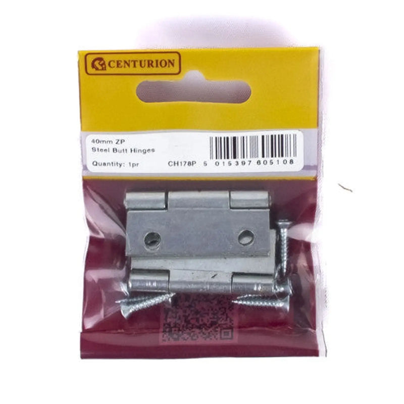 Centurion Steel Butt Hinges, Zinc Plated, 40mm - Pack of 5