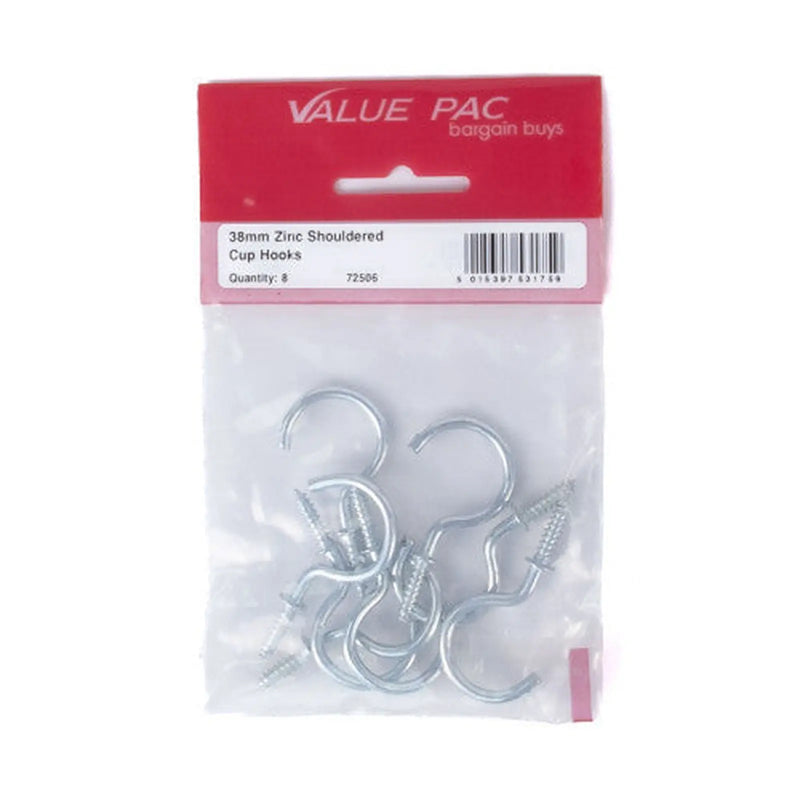Centurion 38mm ZP Shouldered Cup Hooks 8pk - Pack of 10