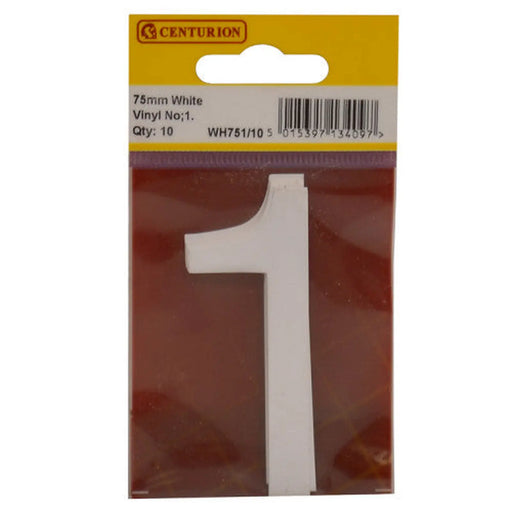 Centurion 75mm White Helvetica Bold Condensed Style Vinyl Number 1 (Pack of 10) - Min Order 2