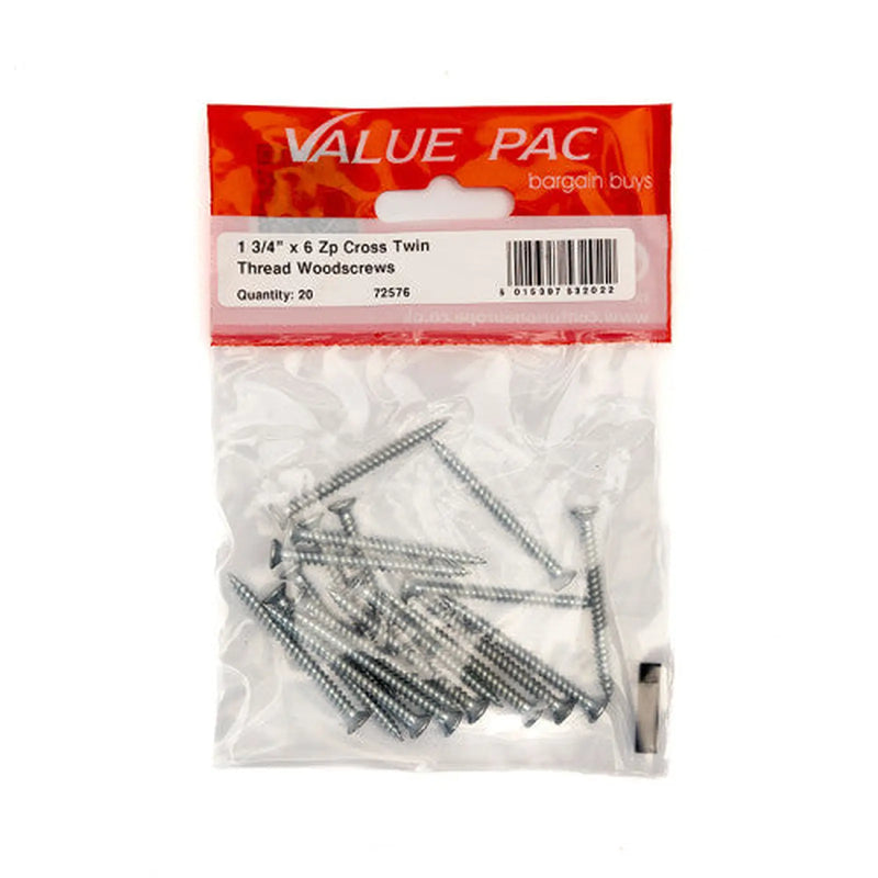 Centurion 1 3/4" x 6 ZP Cross Recessed Hardened Twin Thread Woodscrews with - Pack of 10