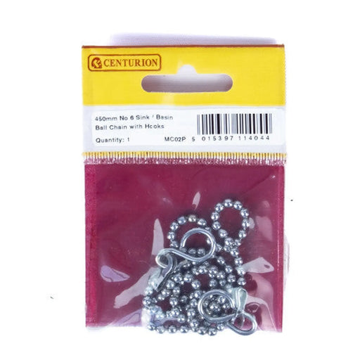 Centurion Sink Ball Chain With Hooks, Chrome Plated, 450mm, No.6 - Pack of 5