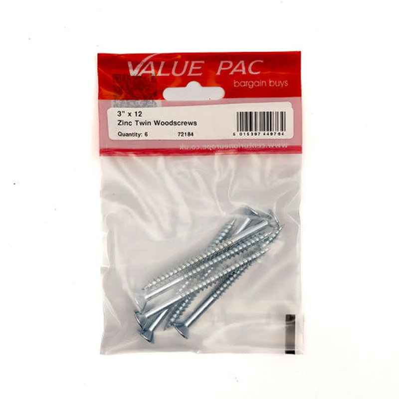 Centurion 3" x 12 ZP Cross Recessed Hardened Twin Thread Woodscrews with - Pack of 10