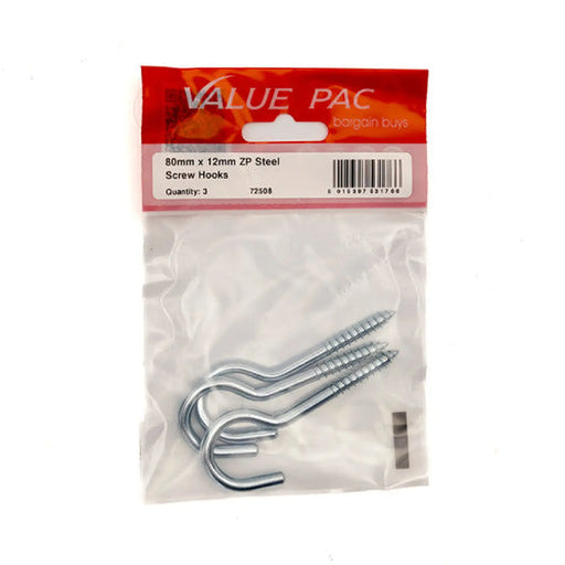 Centurion 80mm x 12mm ZP Steel Screw Hooks (Pack of 3) - Pack of 10