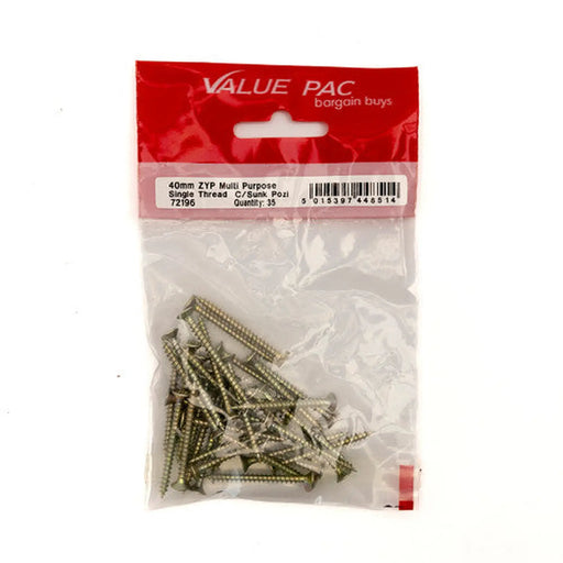 Centurion 3.5mm x 40mm ZYP Multi Purpose Single Thread Countersunk Pozi - Pack of 10
