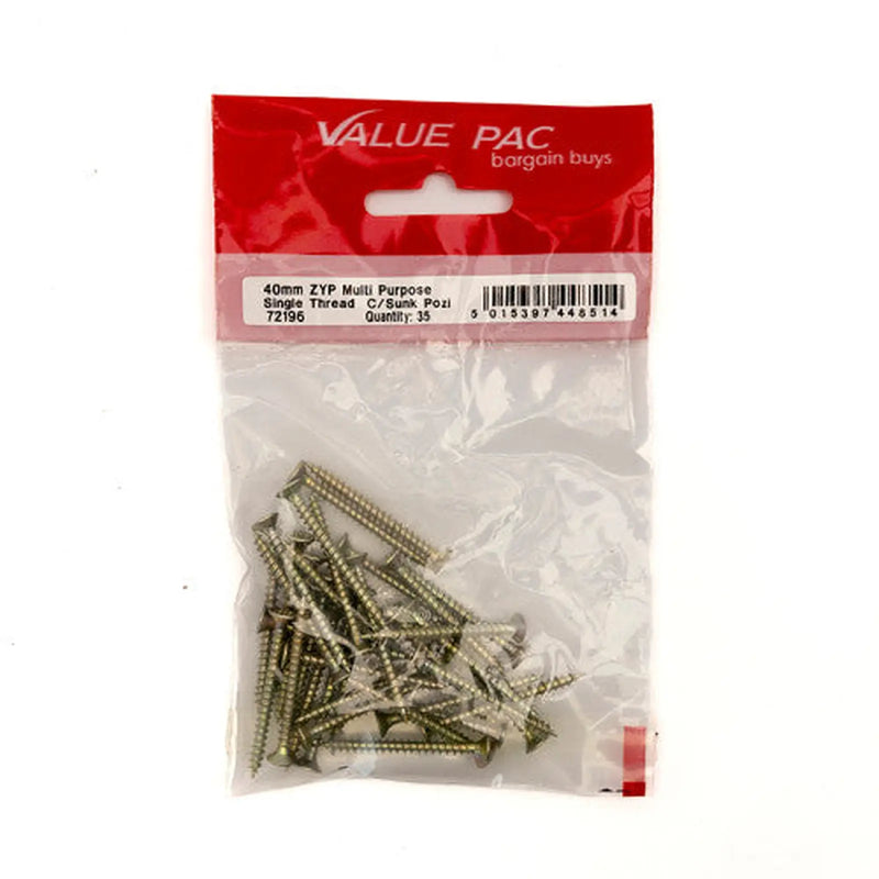 Centurion 3.5mm x 40mm ZYP Multi Purpose Single Thread Countersunk Pozi - Pack of 10