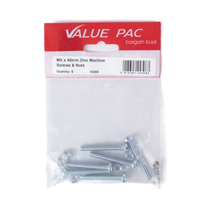 Centurion M5 x 40mm ZP Machine Screws & Nuts (Pack of 6) - Pack of 10