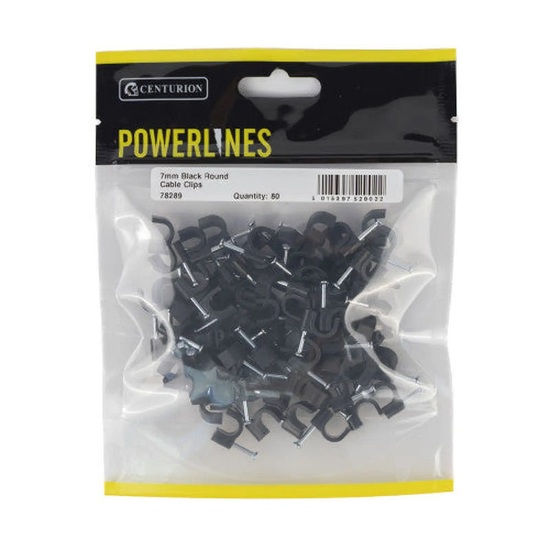 Centurion Round Cable Clips - Black - 7mm - (80 PK) - Pack of 5