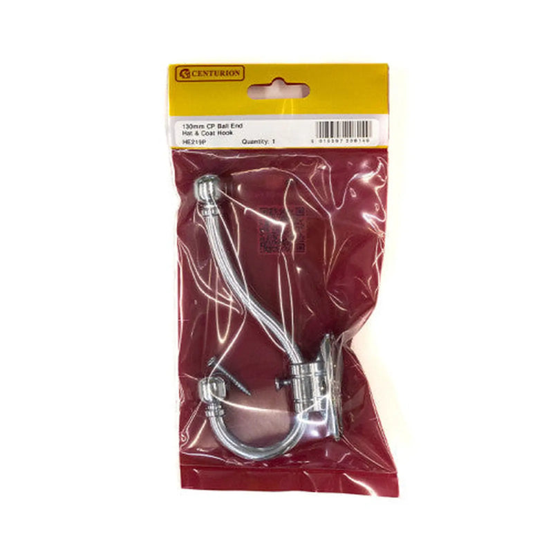 Centurion 130mm Premium Ball End Hat & Coat Hook - Chrome Plated - Pack Qty 1 - Pack of 5