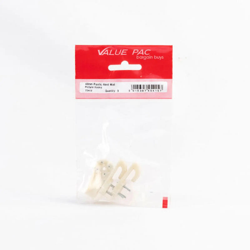 Centurion 40mm Plastic Hard Wall Picture Hooks (Pack of 3) - Pack of 10