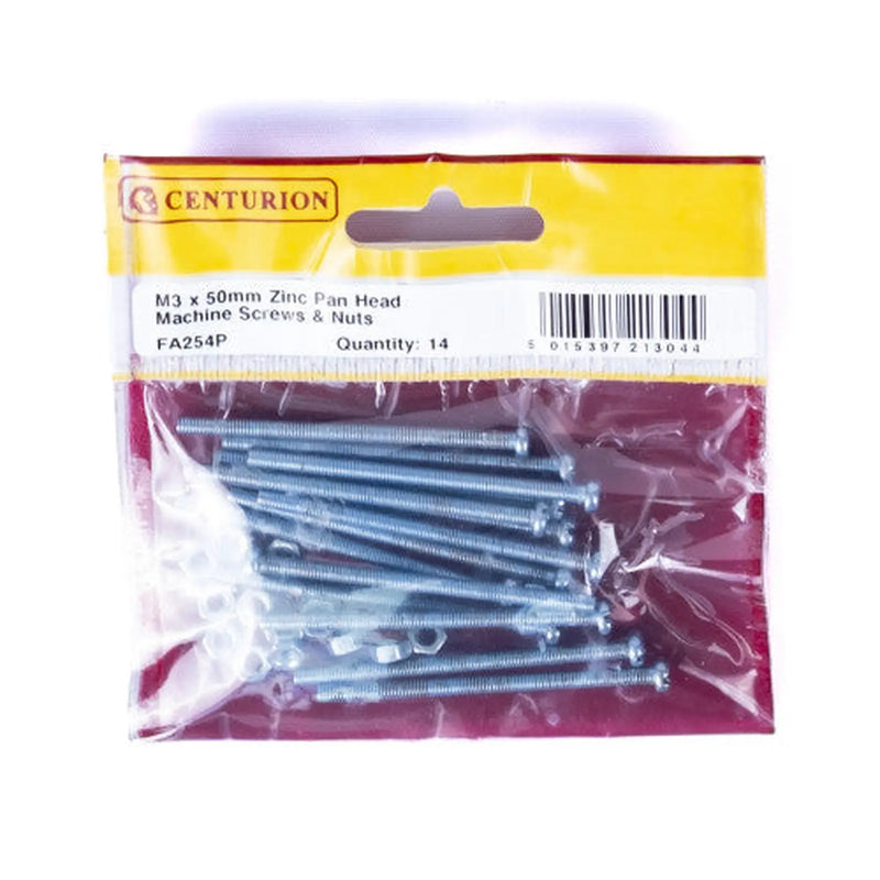 Centurion M3 x 50mm Machine Screws & Nuts - Zinc Plated - (Pack of 14) - Pack of 5