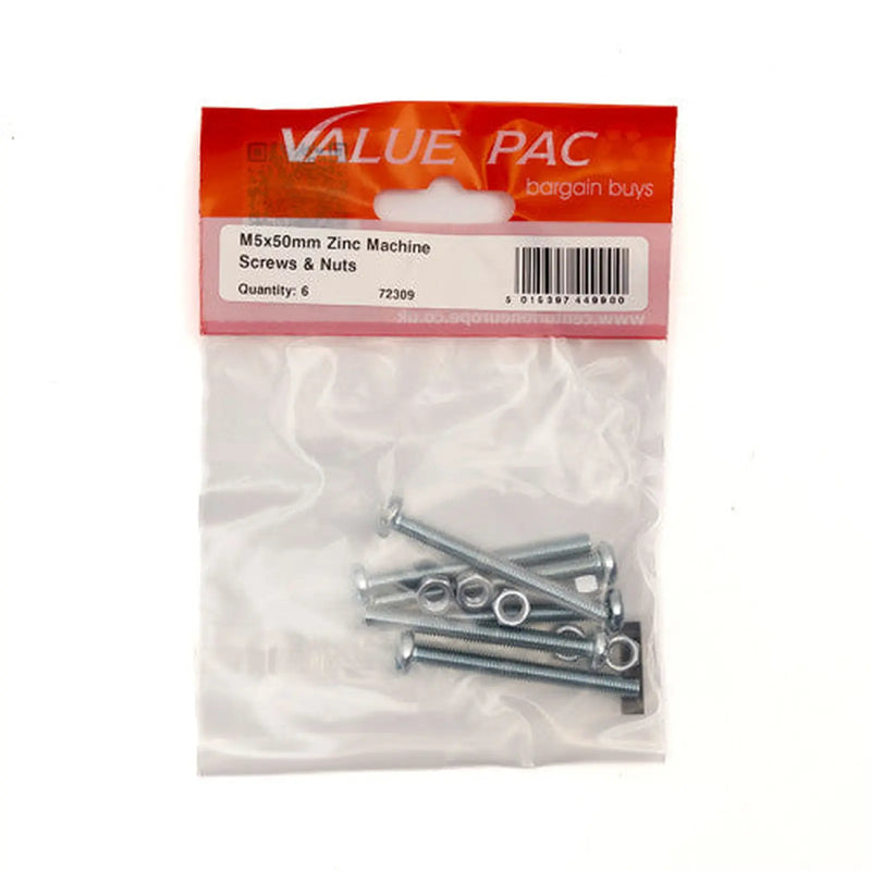 Centurion M5 x 50mm ZP Machine Screws & Nuts 6pk - Pack of 10