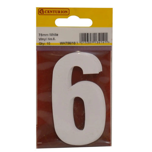 Centurion 75mm White Helvetica Bold Condensed Style Vinyl Number 6 (Pack of 10) - Min Order 2
