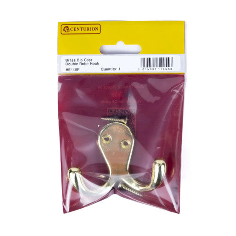 Centurion 70mm Die Cast Double Robe Hook - Brass - Pack Qty 1 - Pack of 5