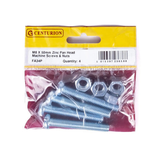 Centurion M8 x 50mm Machine Screws & Nuts - Zinc Plated - (Pack of 4) - Pack of 5